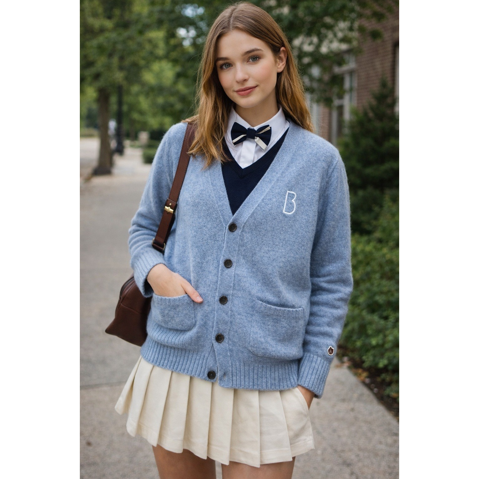 By Brown Blue Wool Button Front Cardigan Size S Preppy Minimalist Cozy
